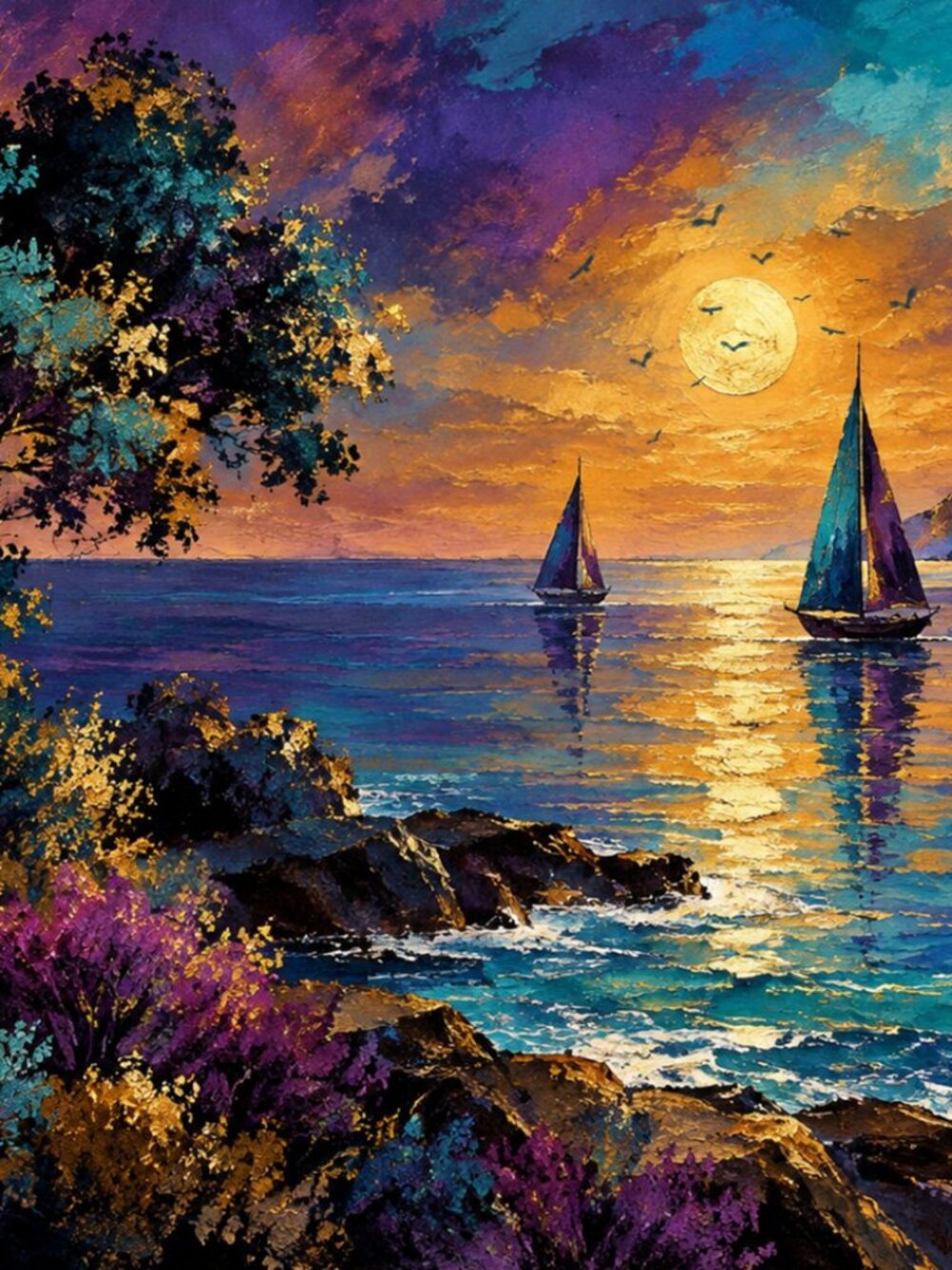 Twilight Sailboats Art Print | Purple Gold Coastal Wall Decor